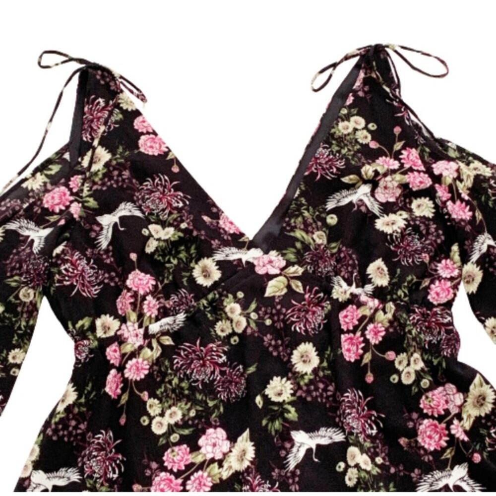 Kensie Dress Black Pink Floral Crane Motif Long Sleeve Cold Shoulder Large - Picture 7 of 15